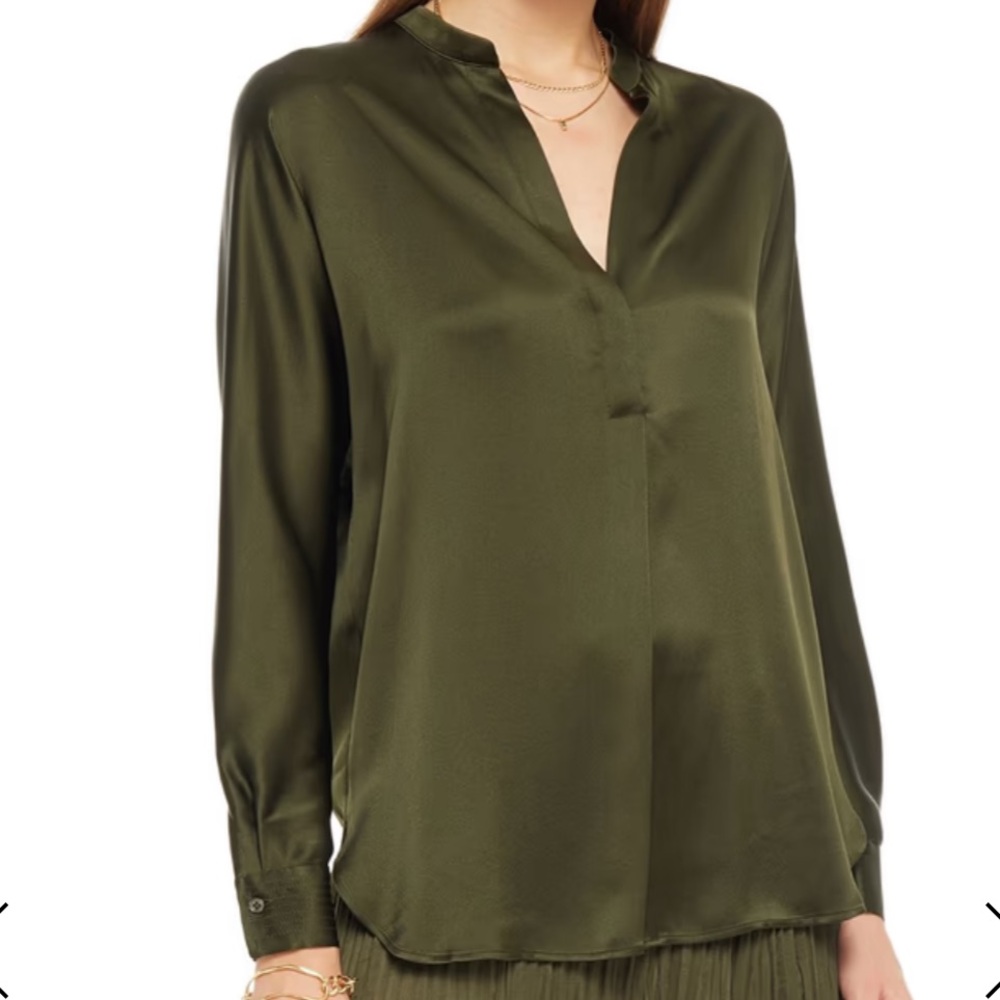 Vince Olive Green Silk V-Neck Blouse